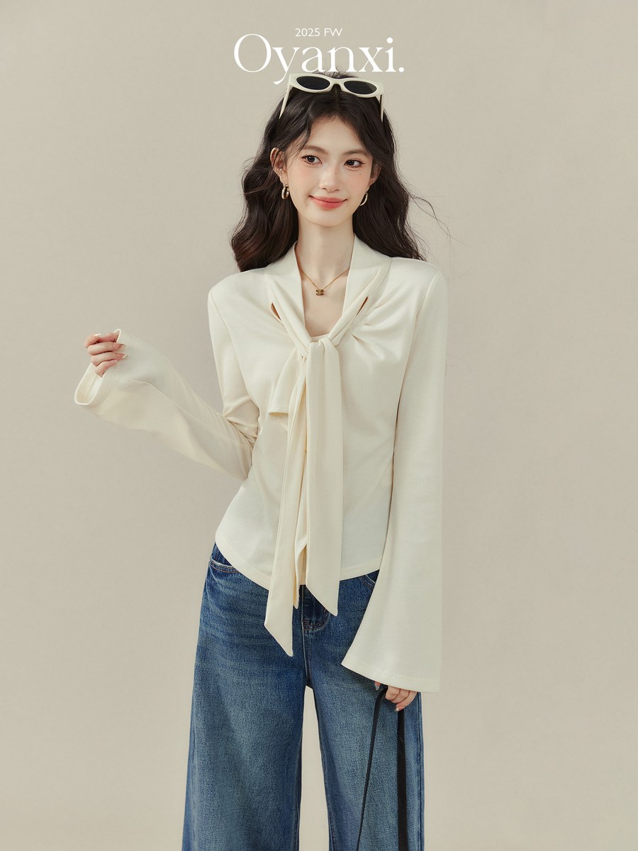 OYANXI フレアスリーブ リボン 長袖Tシャツ