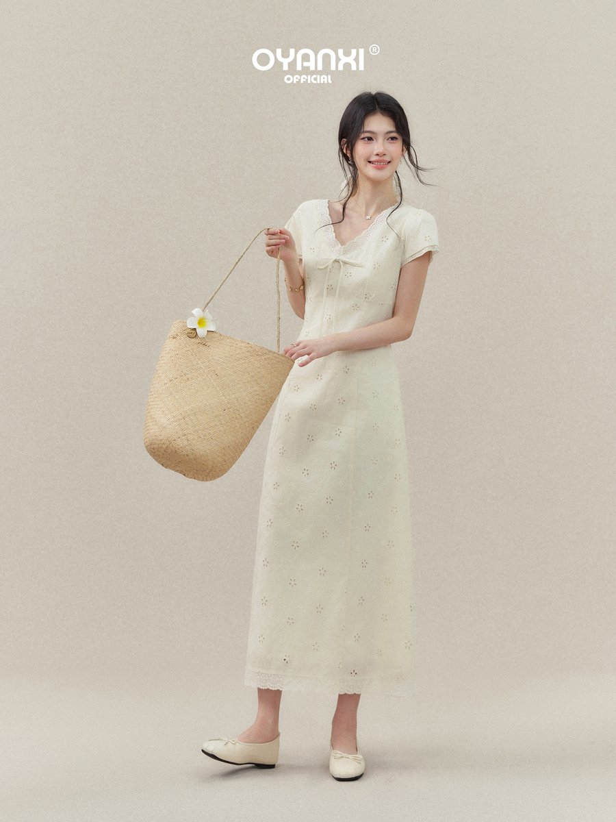 OYANXI カットワーク リボン Vネック 半袖ワンピース