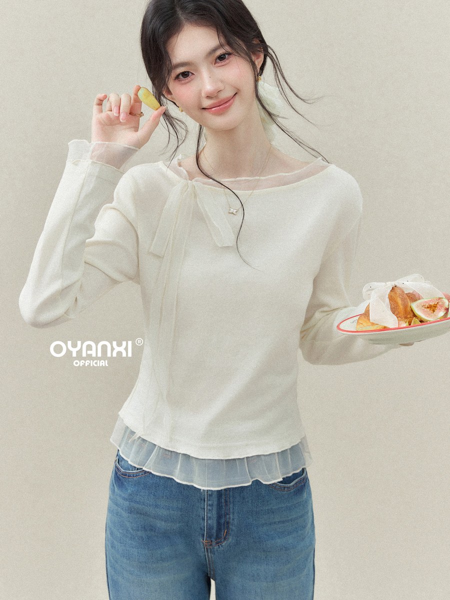 OYANXI チュール切り替え リボン クルーネック 長袖Tシャツ
