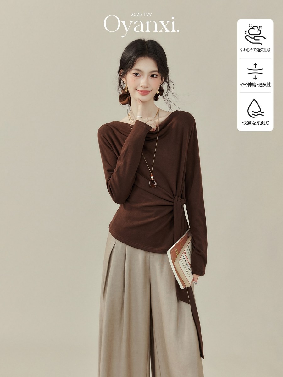 OYANXI ドレープネック リボン 長袖Tシャツ