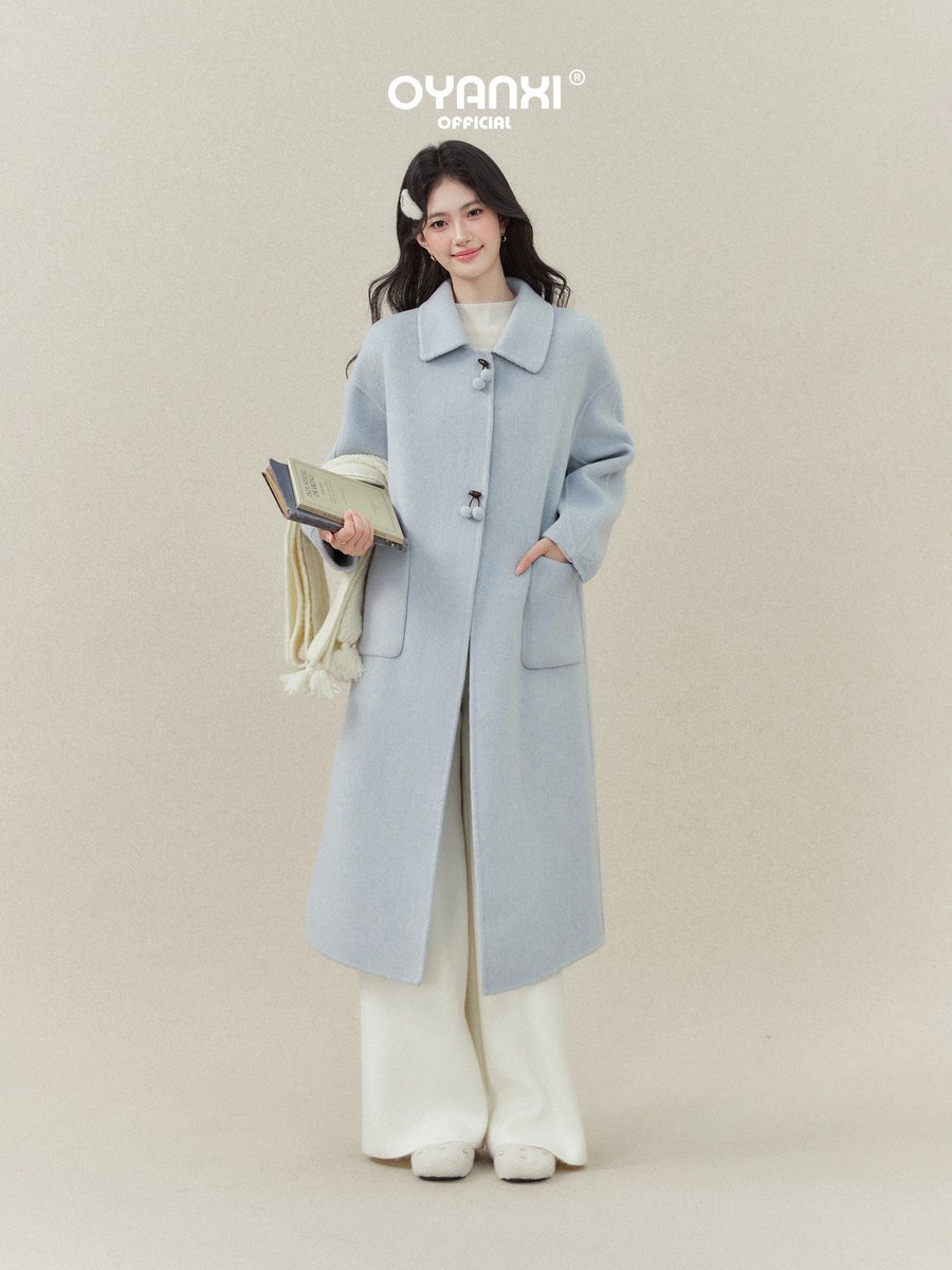 OYANXI ポンポンボタン 襟付き ロングコート ペールブルー