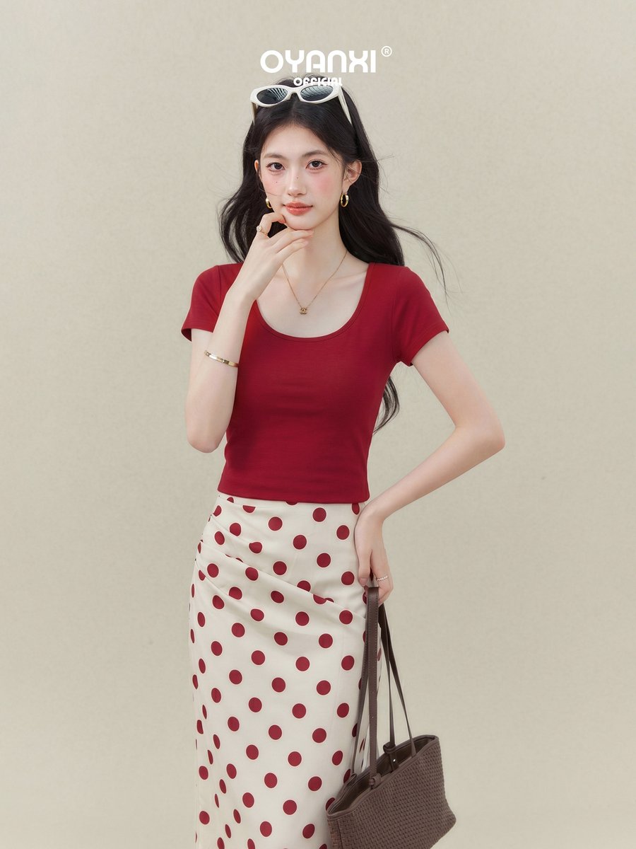 OYANXI Uネック ショート丈 スリム 半袖Tシャツ