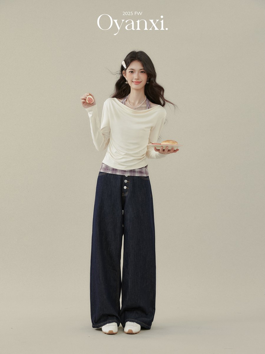 OYANXI ホルターネック ドレープ フェイクレイヤード 長袖Tシャツ