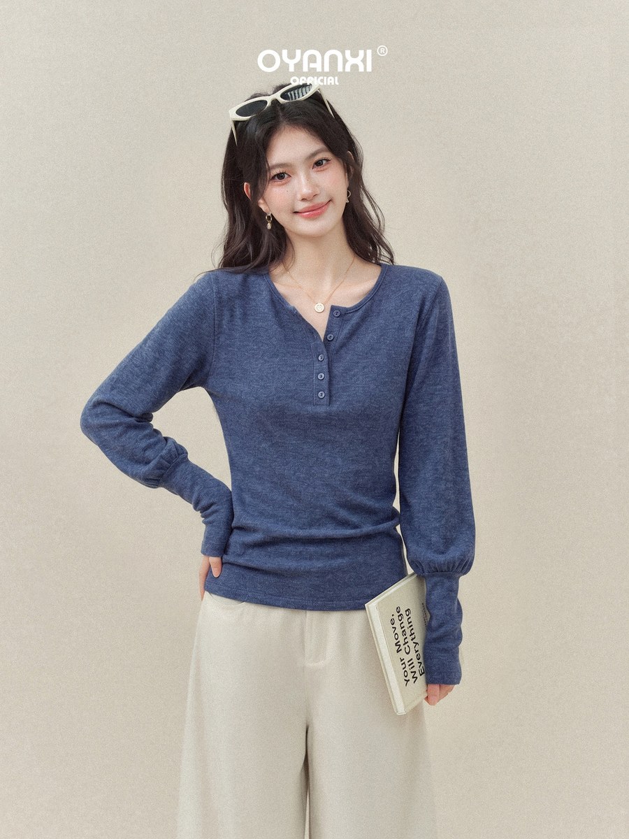 OYANXI ヘンリーネック ランタンスリーブ ウエストシェイプ 長袖Tシャツ