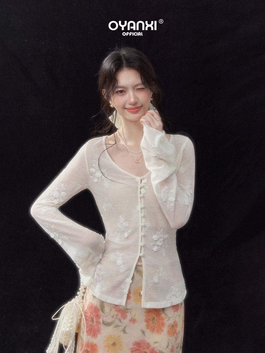 OYANXI 立体刺繍 シアー フレアスリーブ カーディガン