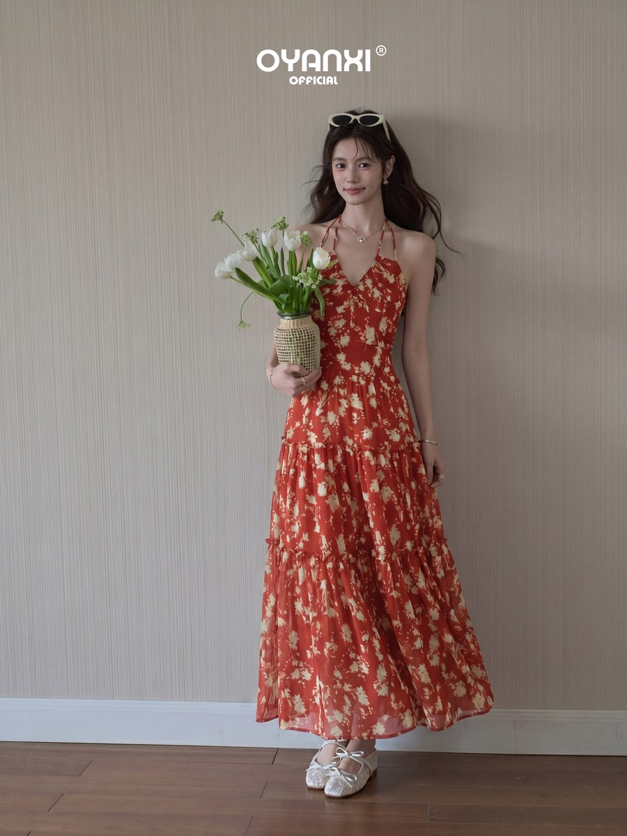 OYANXI 花柄 ホルターネック Aライン ロングワンピース