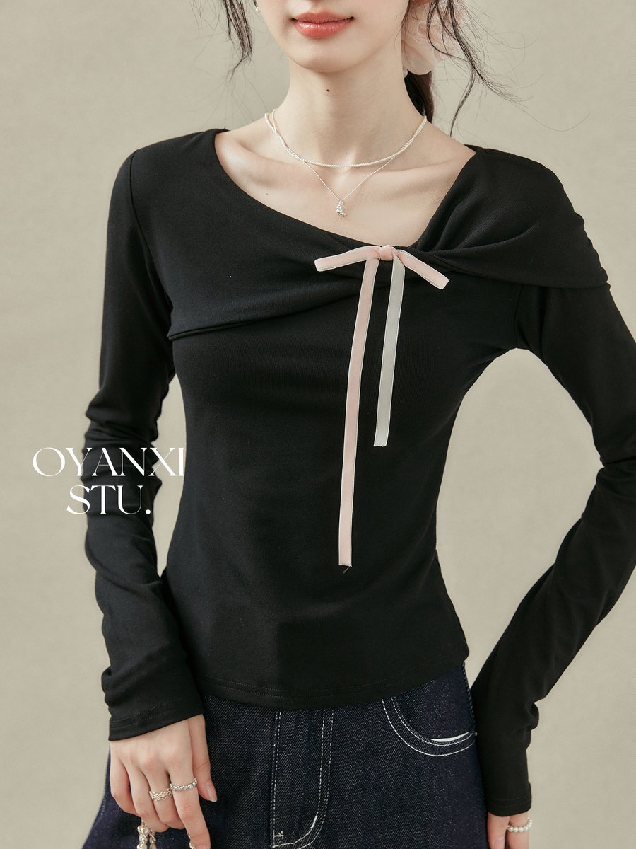 OYANXI リボン すっきりシルエット 長袖Tシャツ