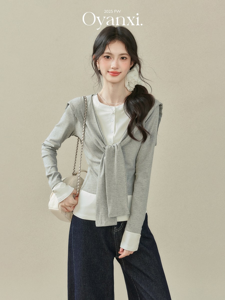 OYANXI ショール付き フェイクレイヤード 長袖Tシャツ