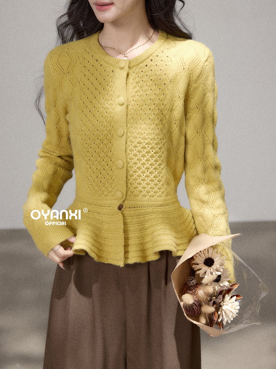 OYANXI フリル Vネック ケーブル透かし編みニット