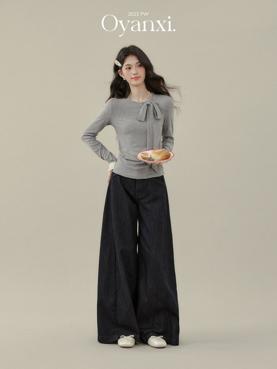 OYANXI ハイウエスト ストレート ワイドデニムパンツ インディゴ