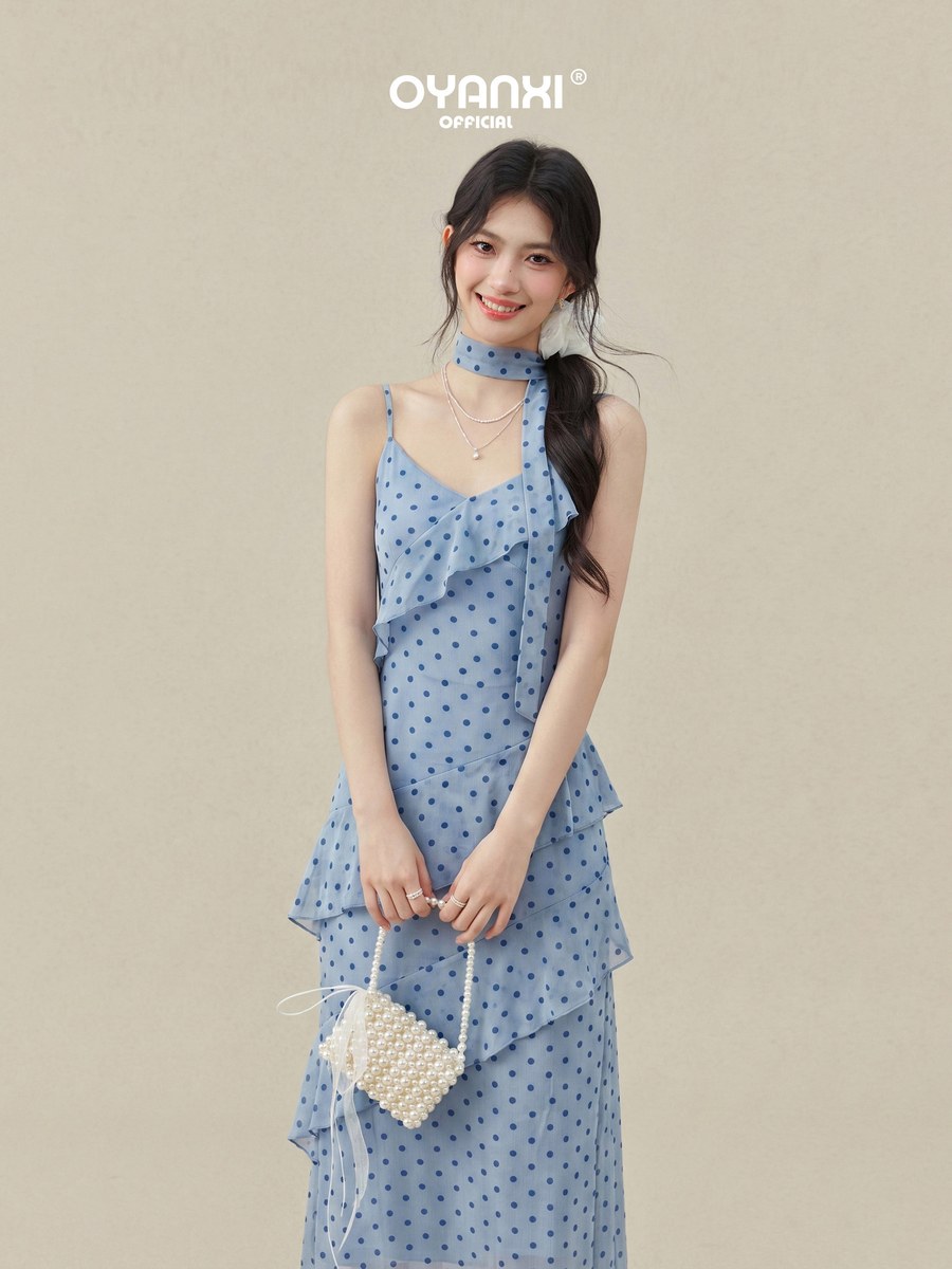 OYANXI ドット柄 Vネック キャミソールワンピース スカーフ付き