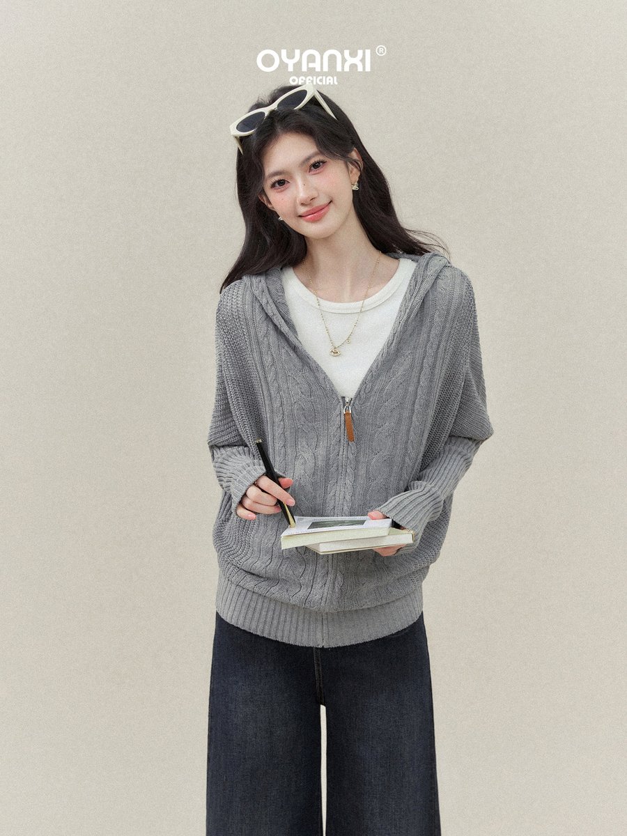 OYANXI フード付き ジップアップ ゆったりニットカーディガン