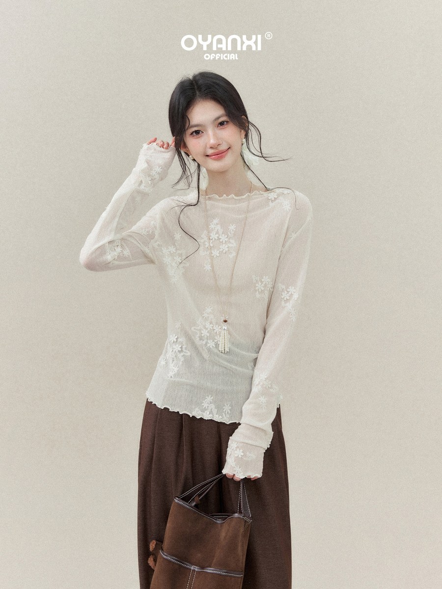 OYANXI シアー フリル袖 長袖インナーTシャツ
