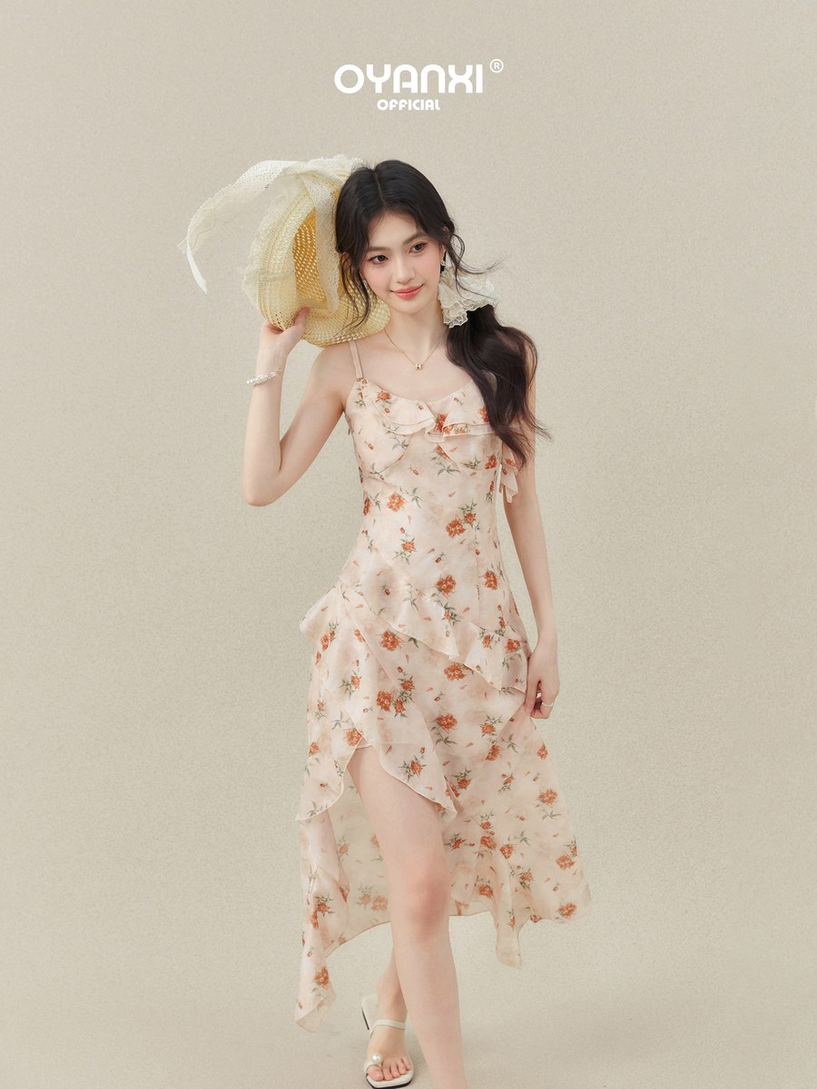 OYANXI 小花柄 フリル ウエストシェイプ キャミソールワンピース