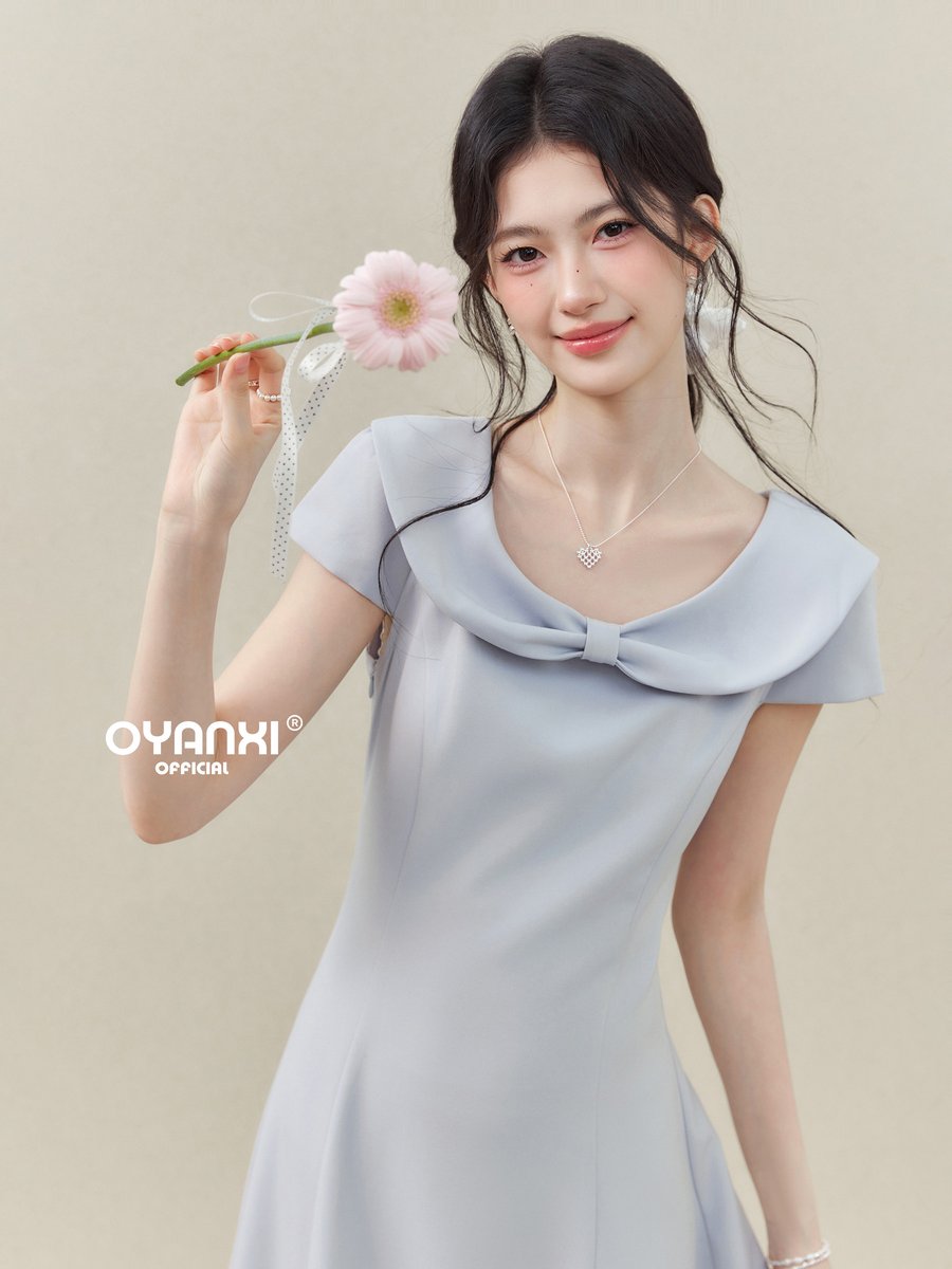 OYANXI 丸襟 リボン ウエストシェイプ 半袖ワンピース