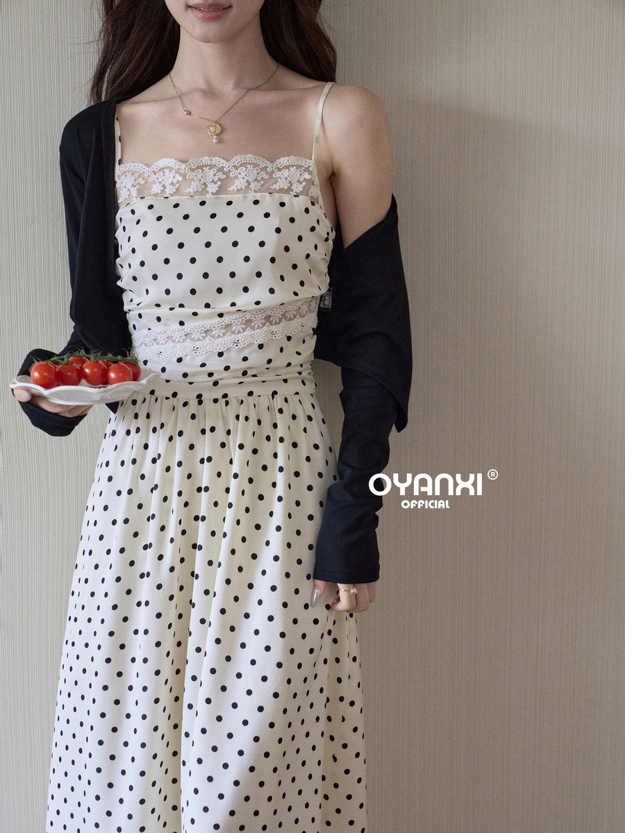 OYANXI レーストリム ドット柄 ベアトップ キャミワンピース
