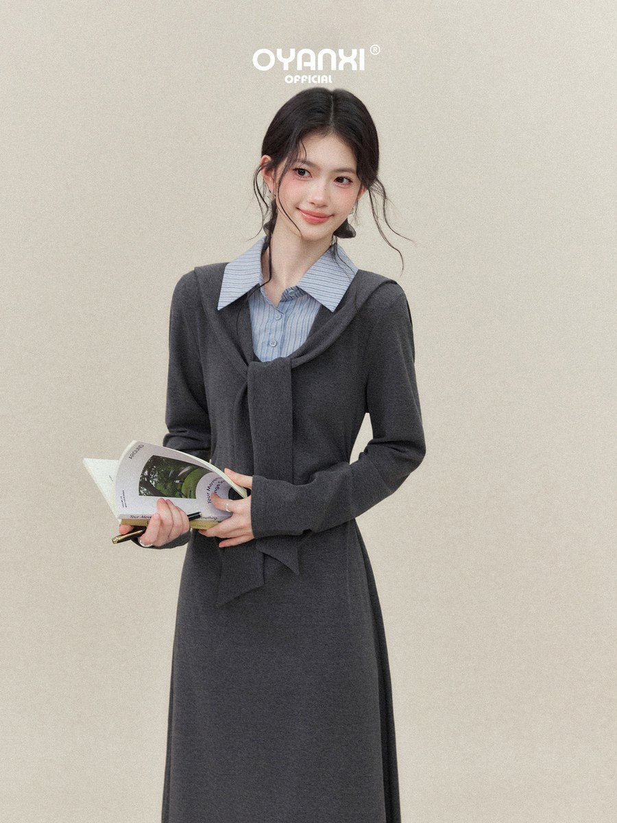 OYANXI ストライプシャツ切り替え Aライン ワンピース