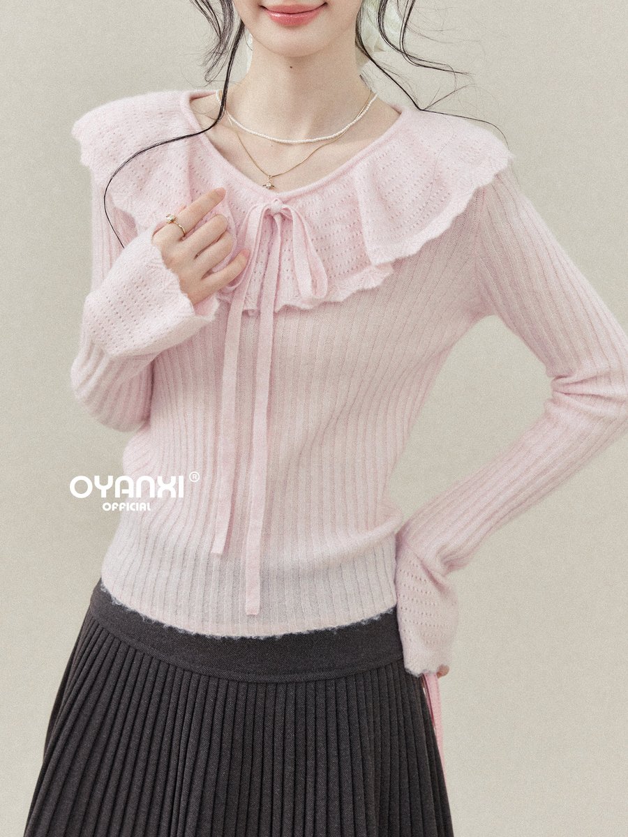OYANXI フリルネック フレアスリーブ ニット