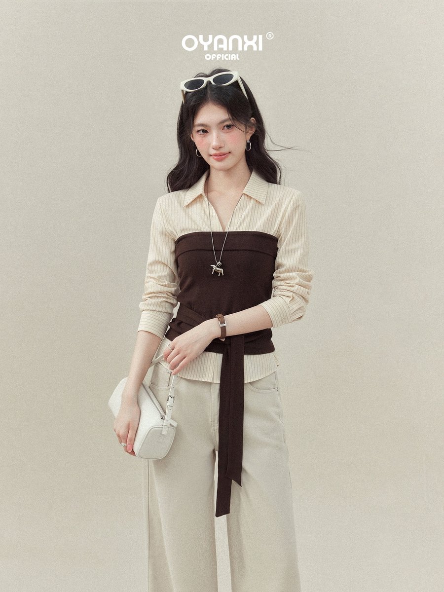 OYANXI ブラウン×アプリコット 襟付き フェイクレイヤード 長袖Tシャツ