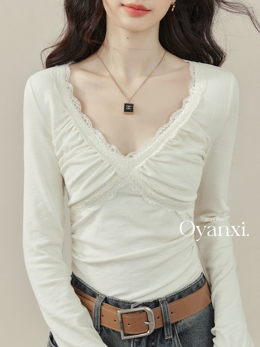 OYANXI レース Vネック インナー 長袖Tシャツ