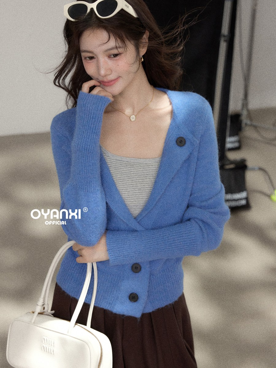 OYANXI Vネック ニットカーディガン ブルー