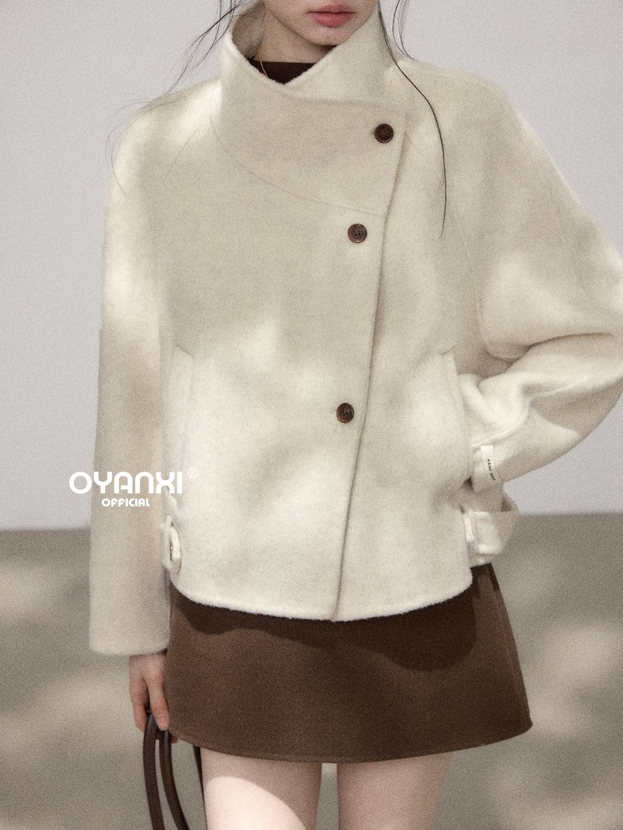 OYANXI ハンドメイドダブルフェイス スタンドカラー ショートコート