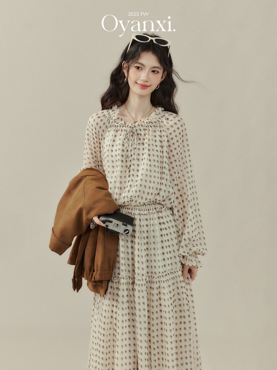 OYANXI ドット柄 長袖ワンピース＆キャミワンピース 2点セット