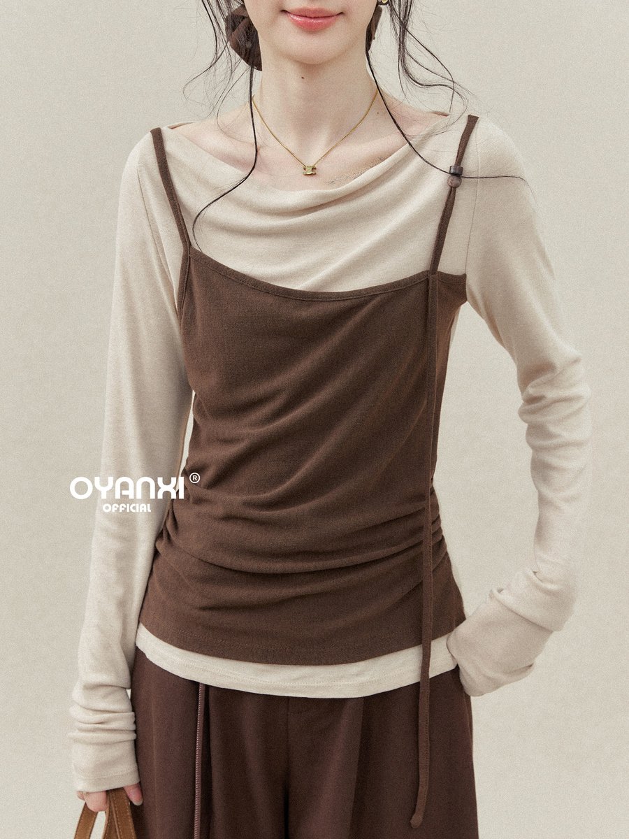 OYANXI 配色 フェイクレイヤード ドレープネック ギャザーTシャツ