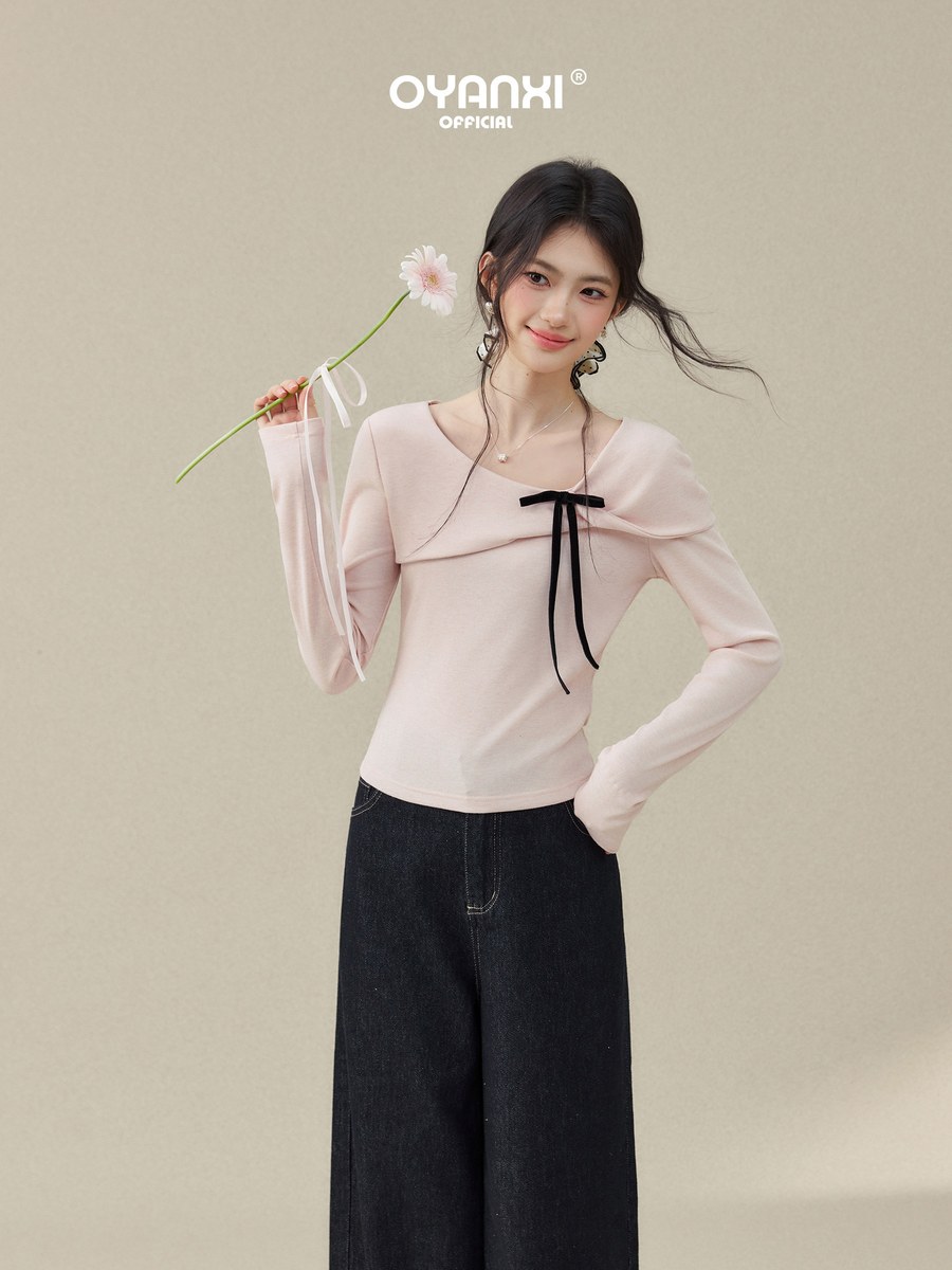 OYANXI リボン フィット 長袖Tシャツ