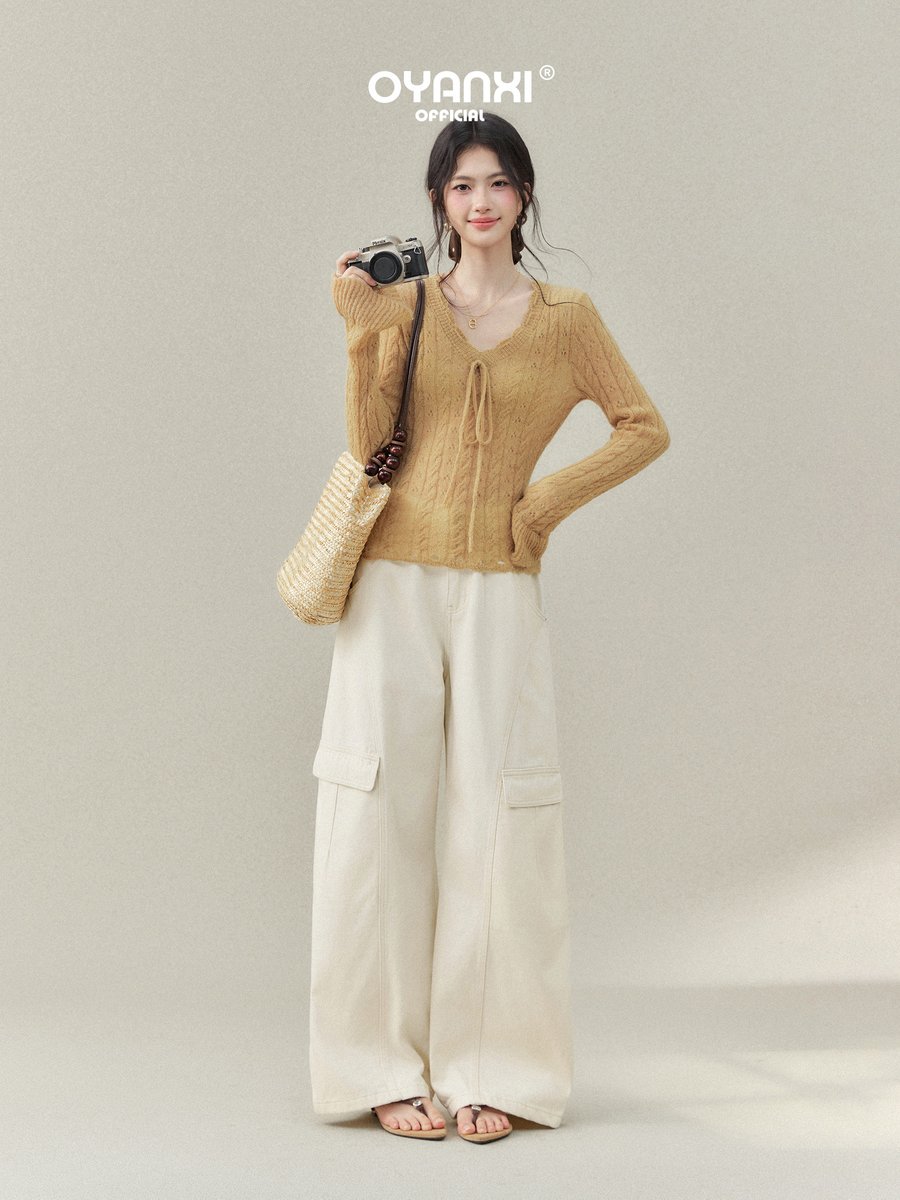 OYANXI 透かし編み Vネック フレアスリーブニット