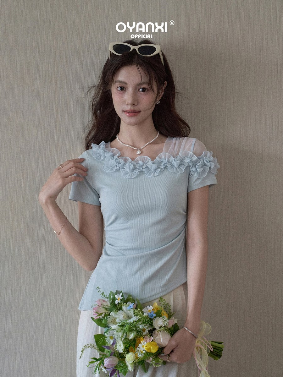 OYANXI レーストリム オフショルダー 半袖Tシャツ