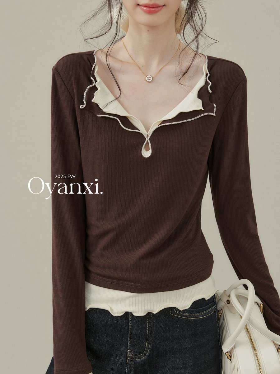 OYANXI 配色 フェイクレイヤード 長袖Tシャツ