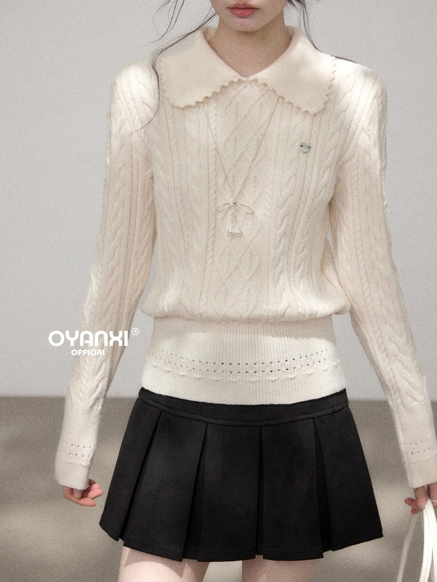 OYANXI 折り襟 透かしリブ編み ウエストシェイプ 長袖ニット