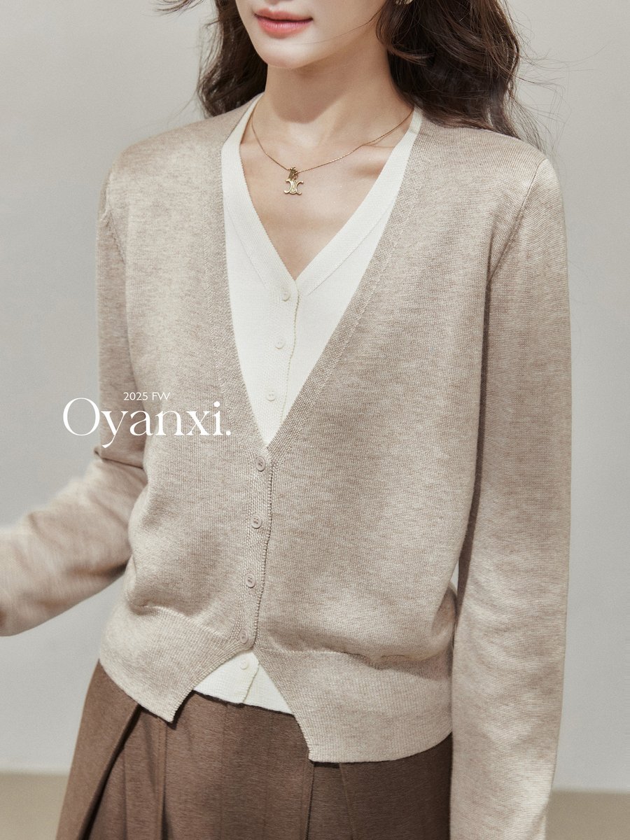 OYANXI 配色 フェイクレイヤード ニットカーディガン