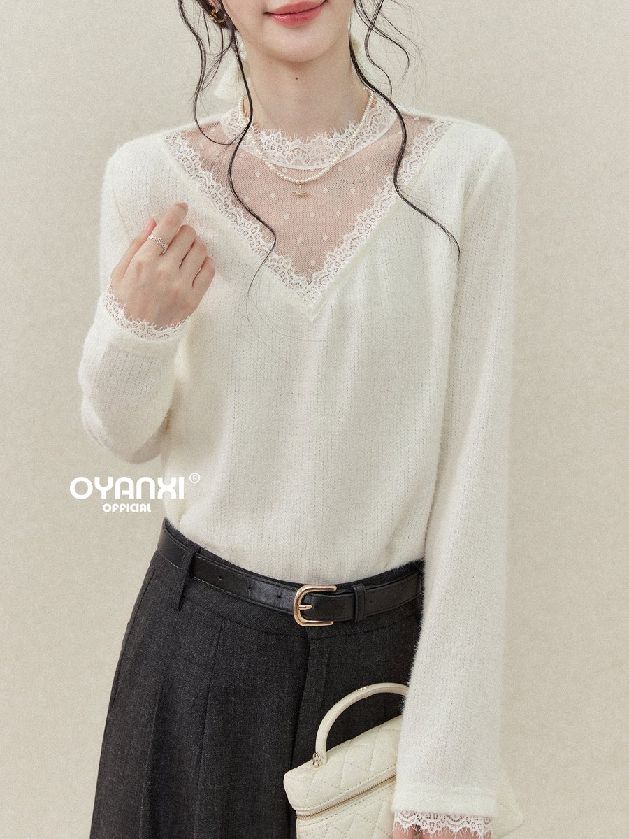 OYANXI レース切り替え Vネック ゆったり 長袖Tシャツ