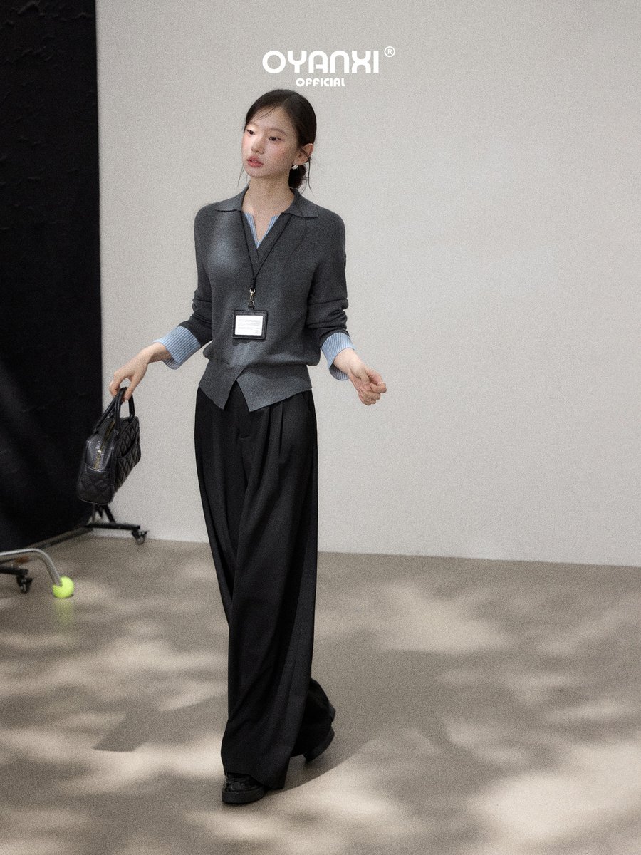 OYANXI 襟付き Vネック フェイクレイヤード ゆったりニット