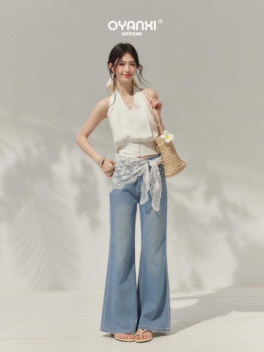 OYANXI ハイウエスト セミフレア ワイドデニムパンツ