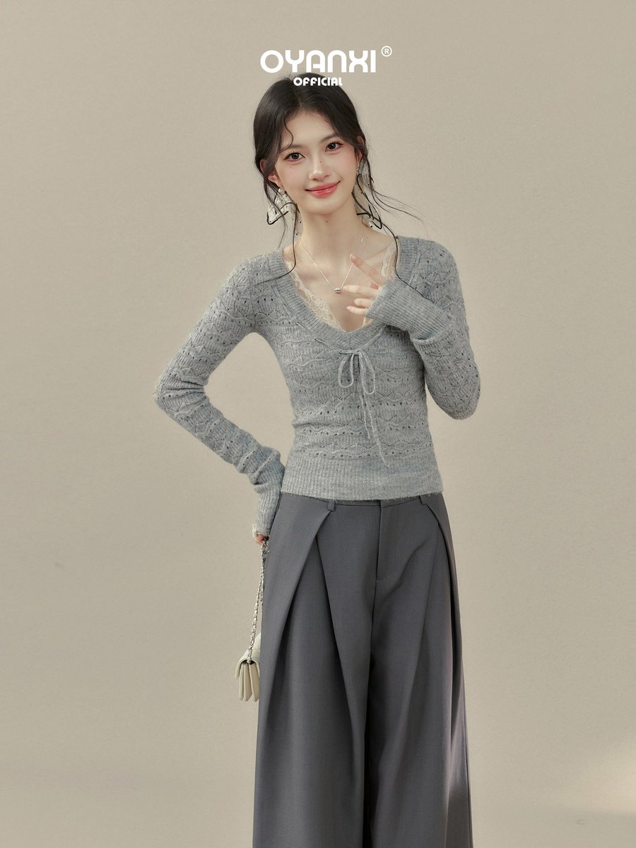 OYANXI 透かし編み リボン ショート丈Vネックニット
