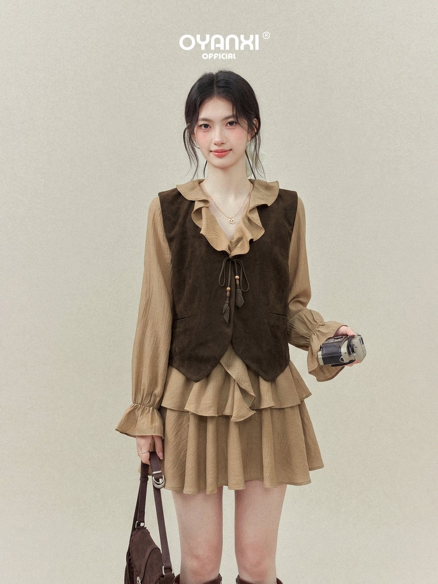 OYANXI フリル Vネック ワンピース×ベスト 2点セット