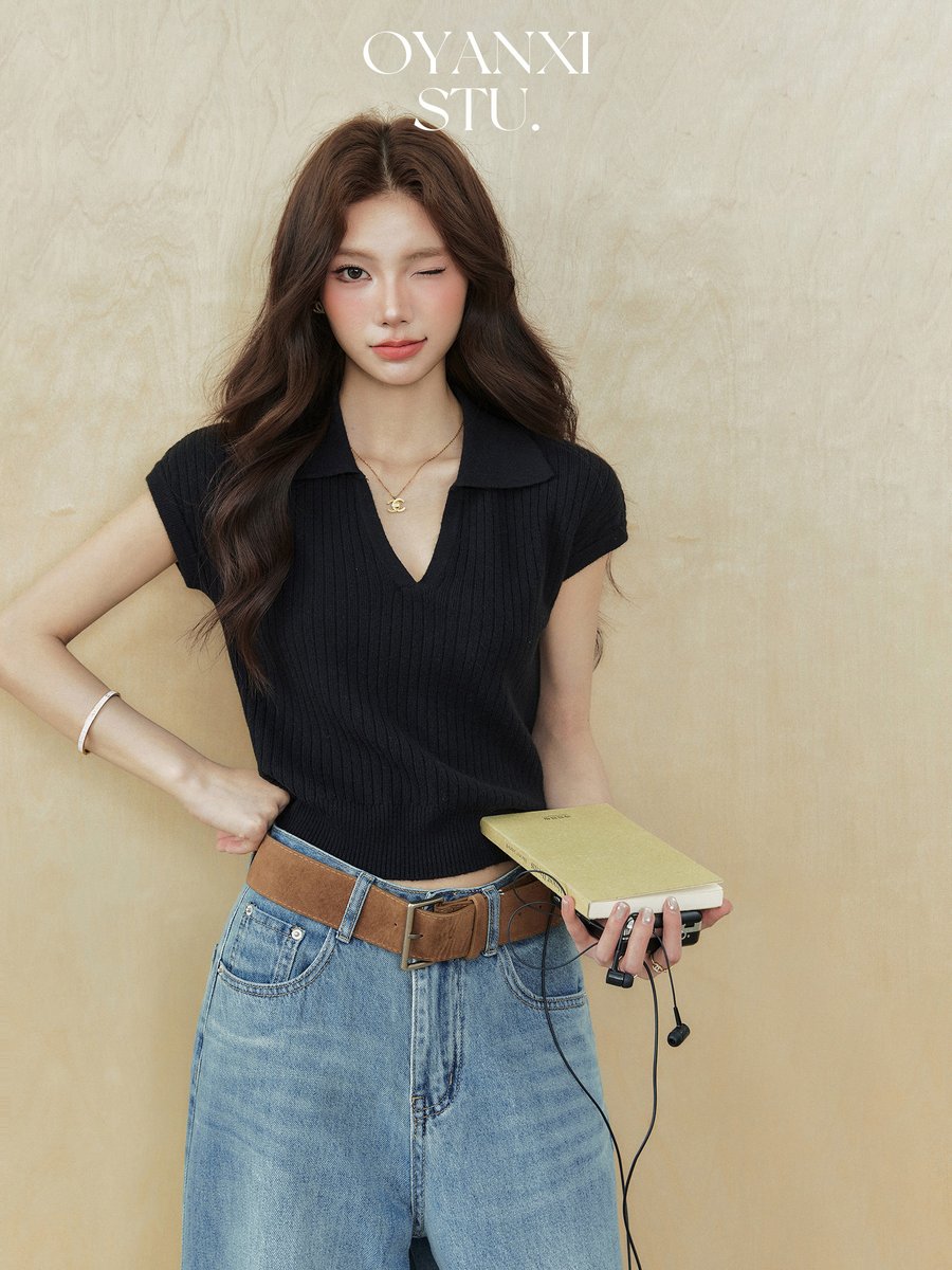 OYANXI Vネック ゆったり 半袖Tシャツ ブラック