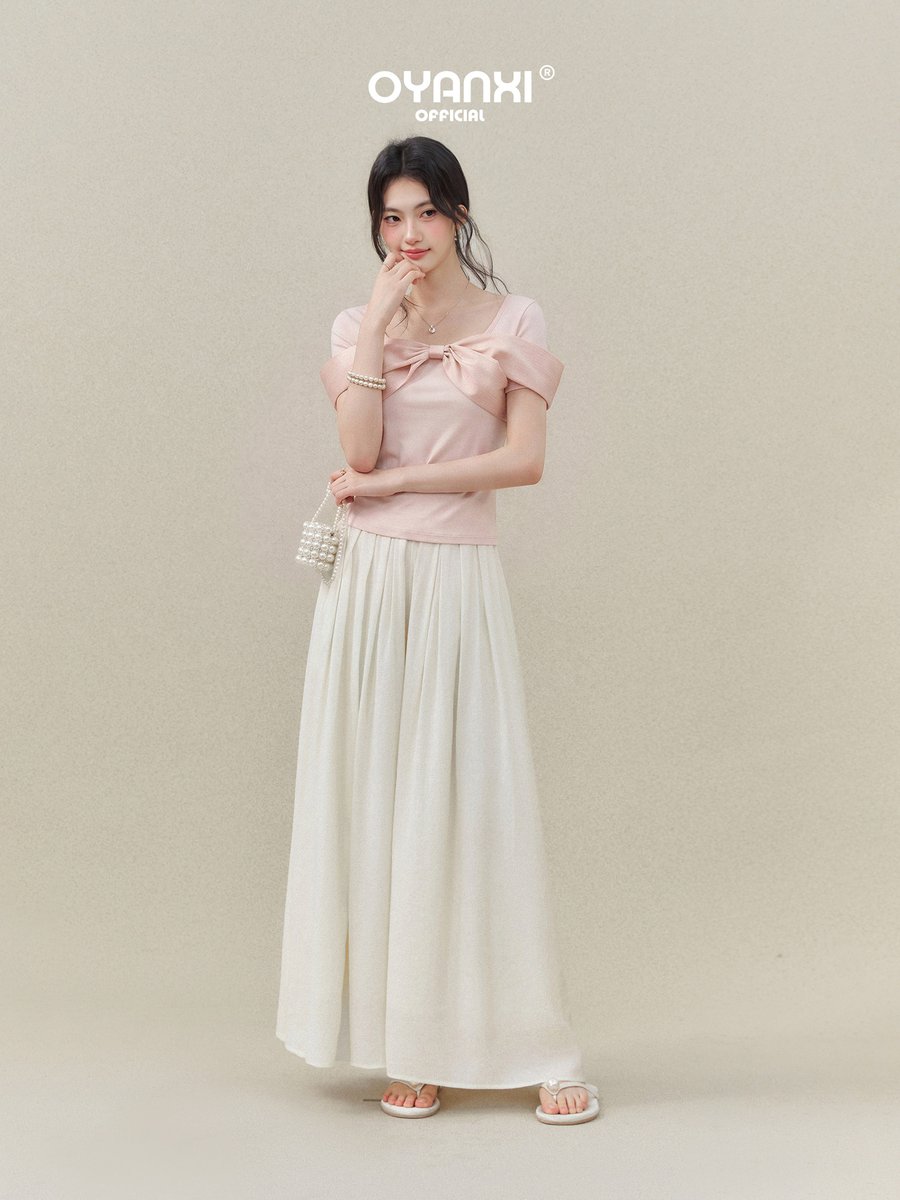 OYANXI Uネック リボン スリム 半袖Tシャツ