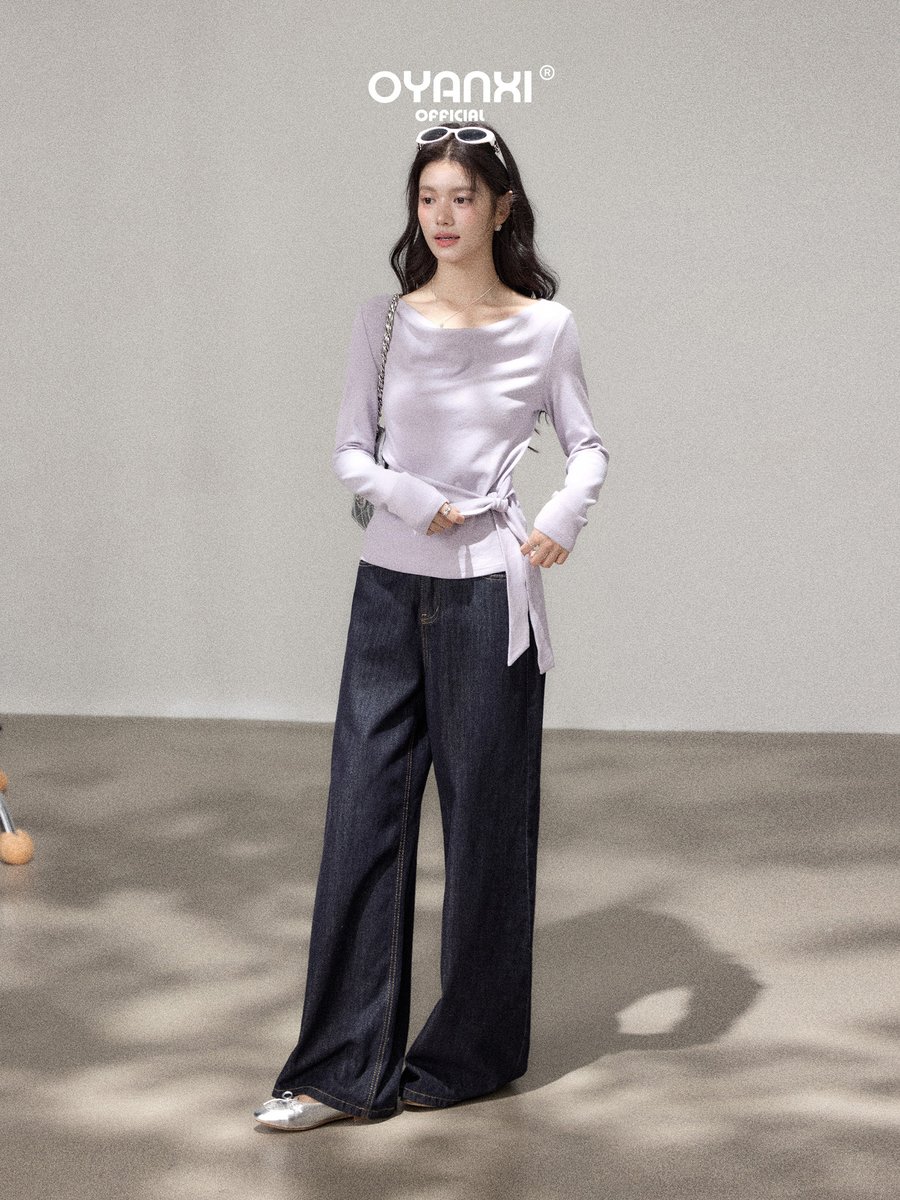 OYANXI ウエストリボン シンプル 長袖Tシャツ