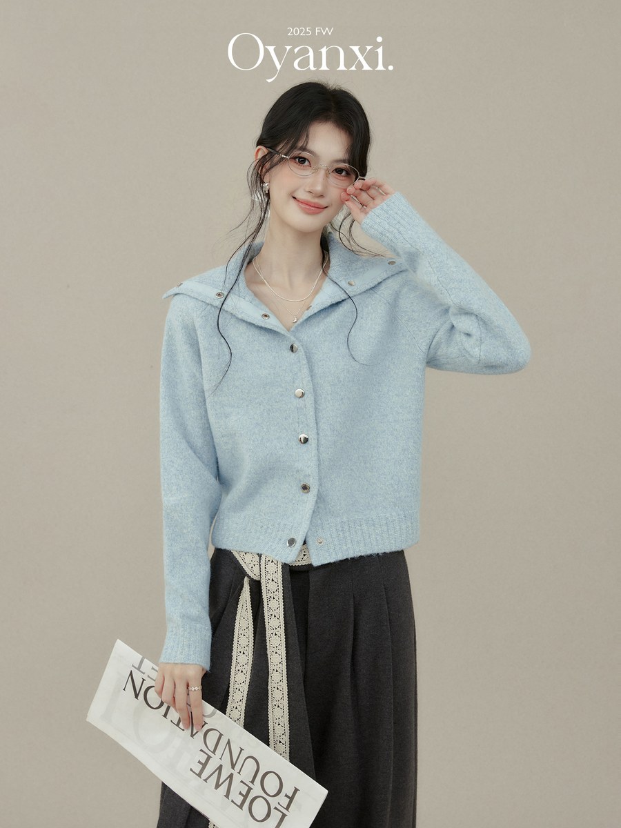 OYANXI 襟付き ブルー ニットカーディガン