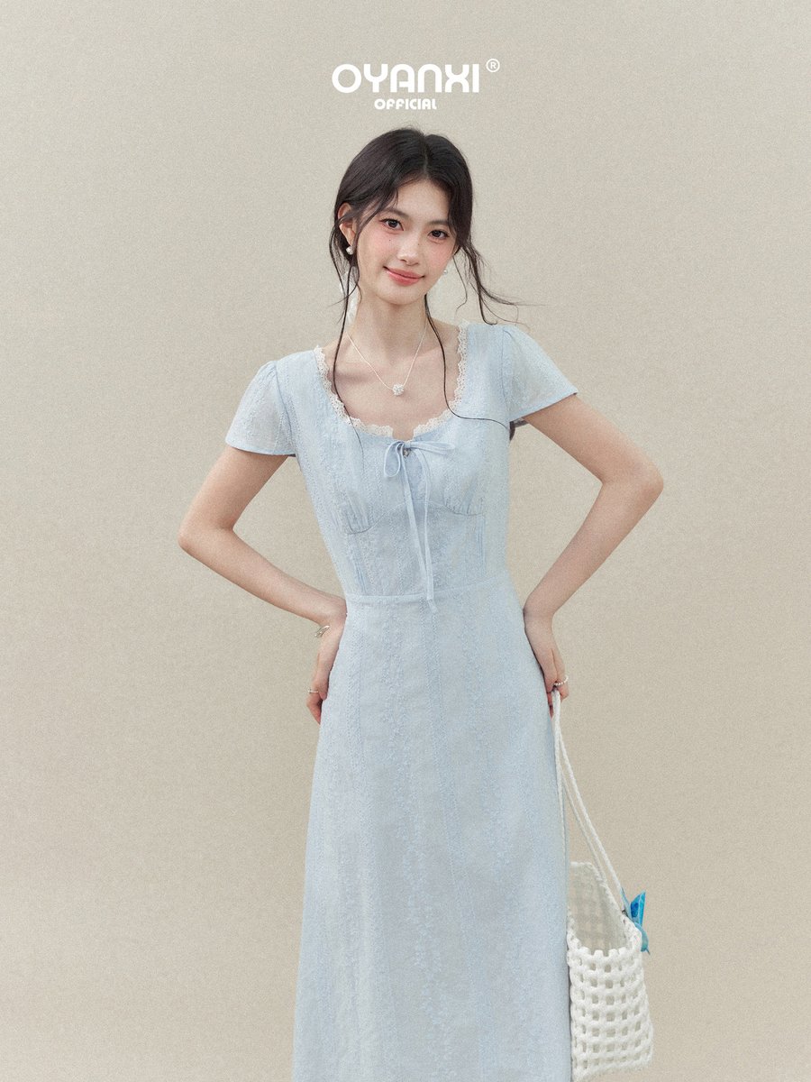 OYANXI Uネック レーストリム フリルスリーブ ワンピース