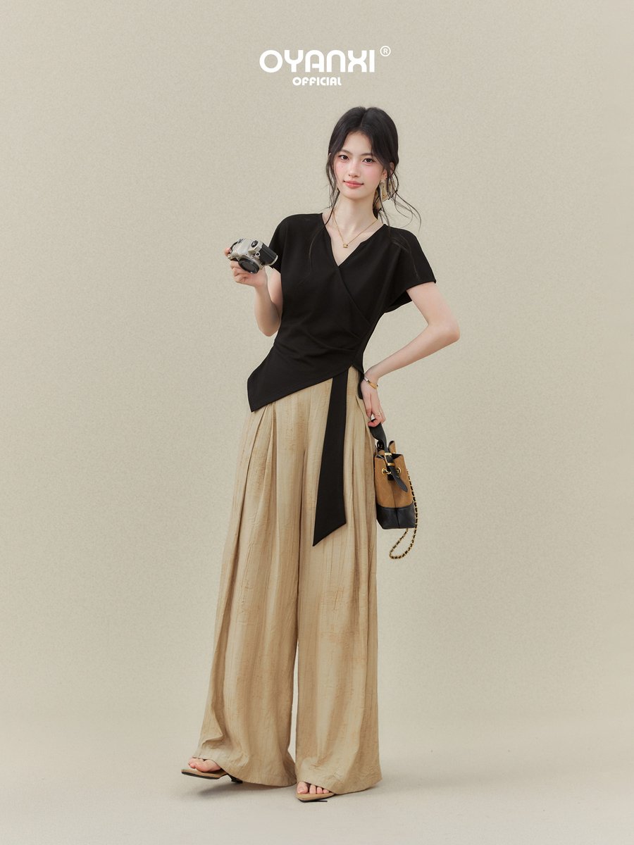 OYANXI リネン調 ハイウエスト ストレート ワイドパンツ