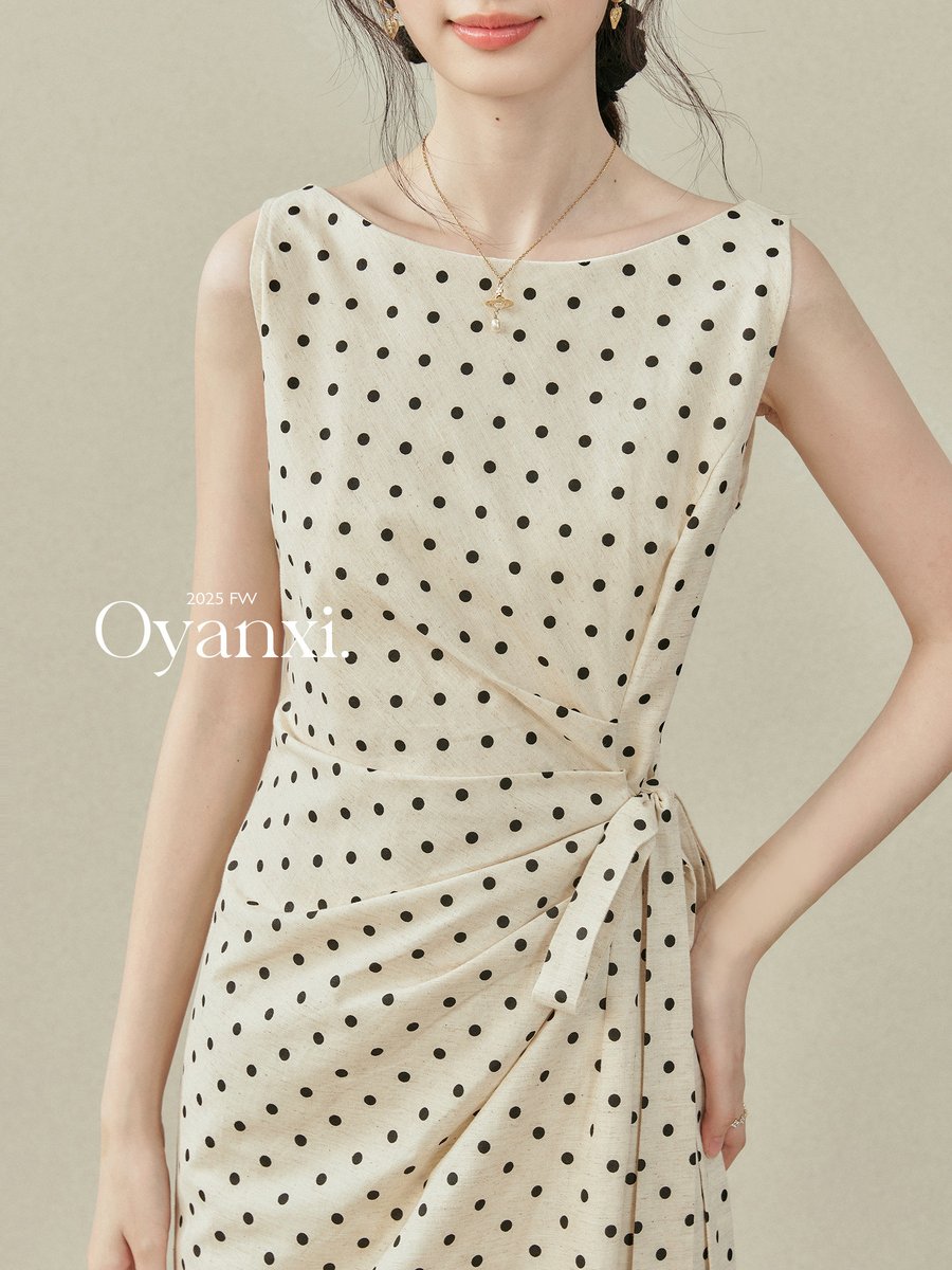 OYANXI ドット柄 ノースリーブ ロングワンピース