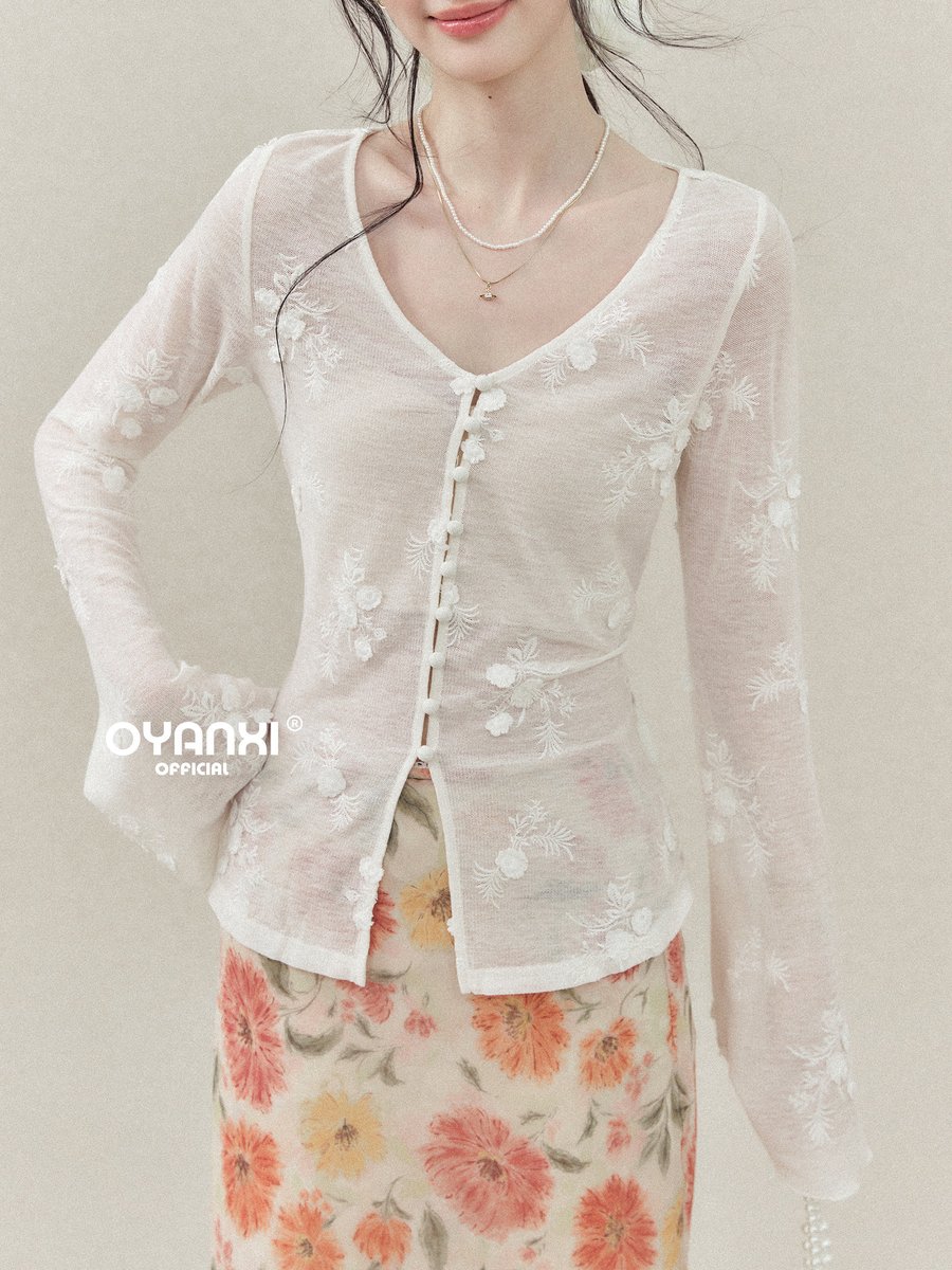 OYANXI 立体刺繍 シアー フレアスリーブ カーディガン