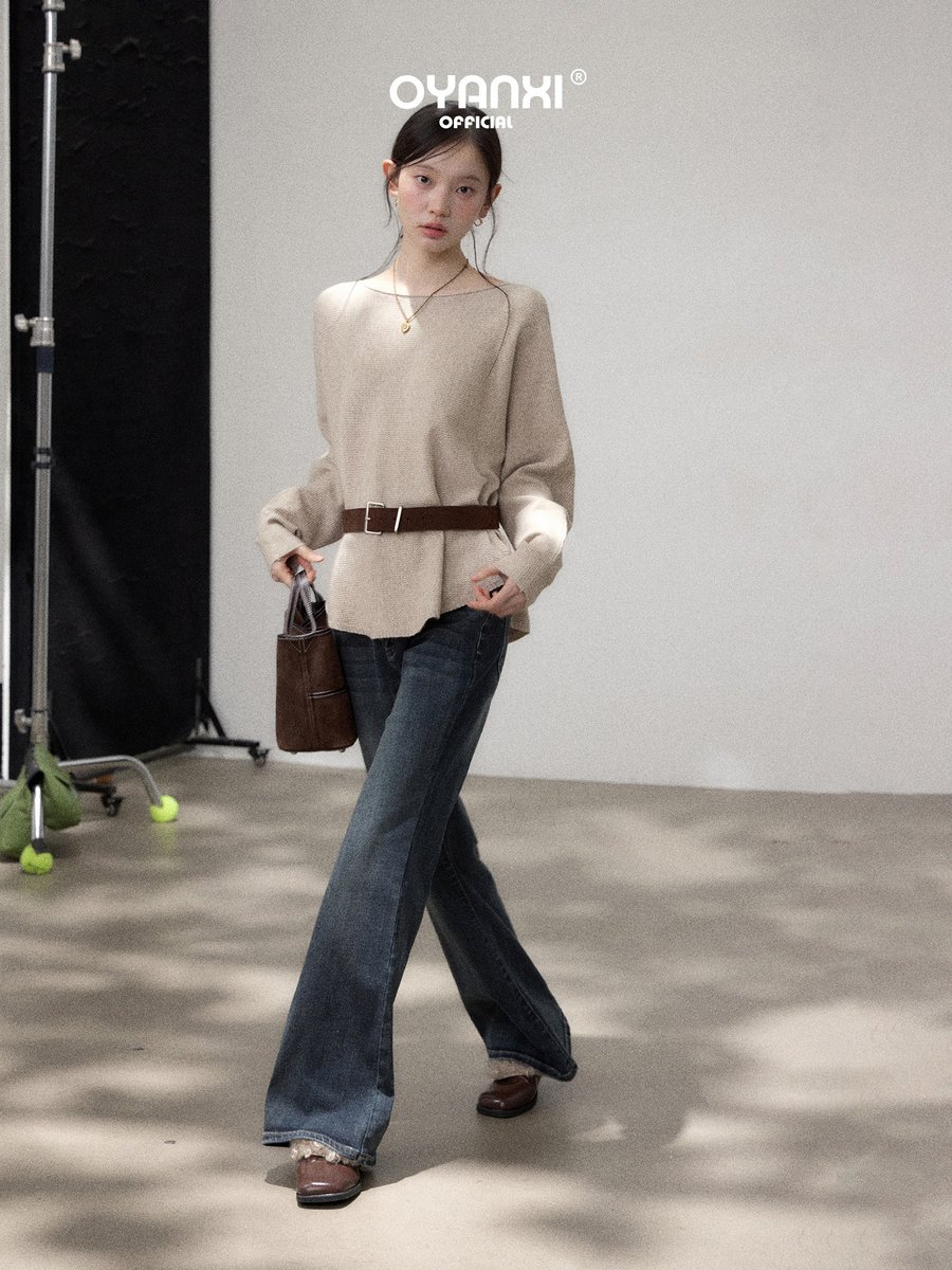 OYANXI ボートネック ベルト付き 長袖ニットトップス