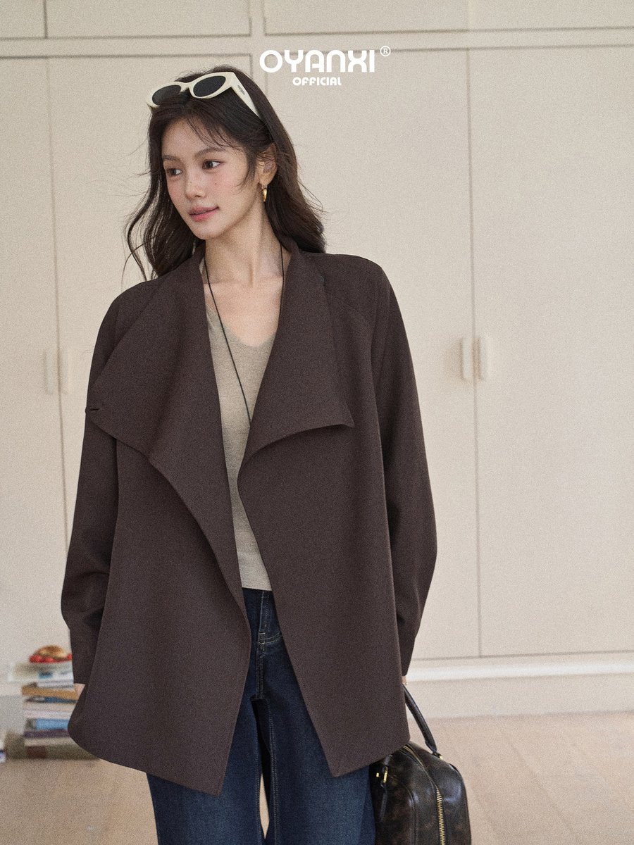 OYANXI ビッグカラー ベルト付き ショート丈トレンチコート