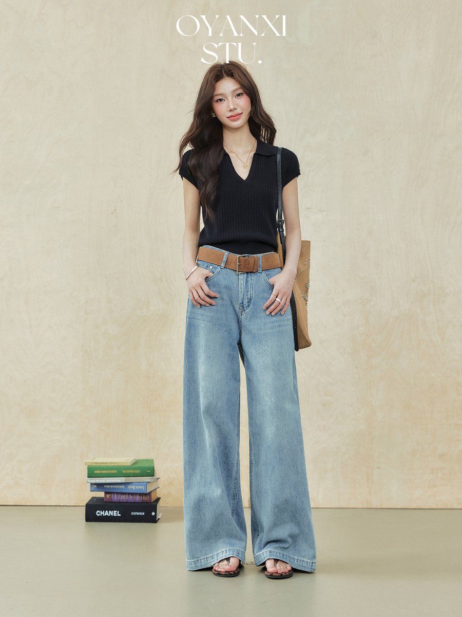 OYANXI Vネック ゆったり 半袖Tシャツ ブラック
